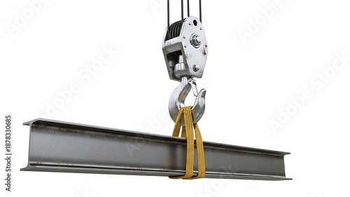 Crane Lifting Metal Beam with Yellow Sling.