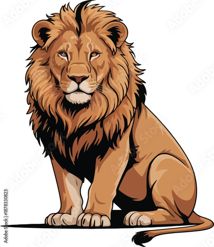 Majestic lion sitting calmly isolated on white background with a regal mane and intense gaze.