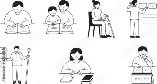 People with visual impairments reading braille books and using assistive technology line art