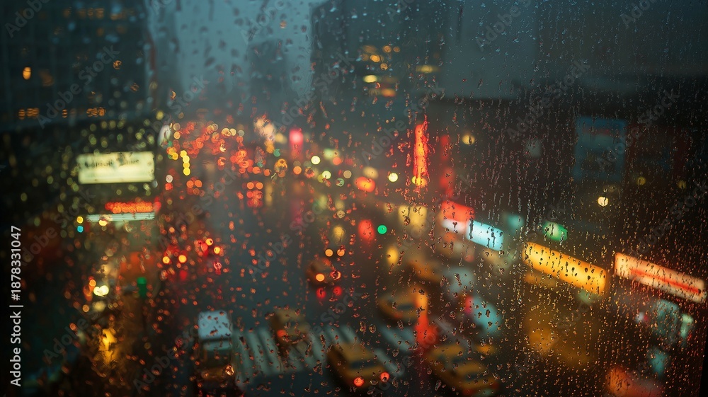 Fototapeta premium Rainy city lights through window, nostalgia, and atmosphere