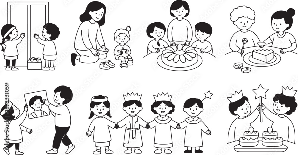 Fototapeta premium Various scenes depicting children and adults engaged in family activities holiday celebrations and play