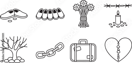Symbols of captivity loss heartbreak and journey simple outline icons for memorial design