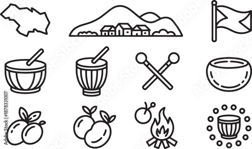 Traditional folk musical instruments and landscape icons representing village life and culture