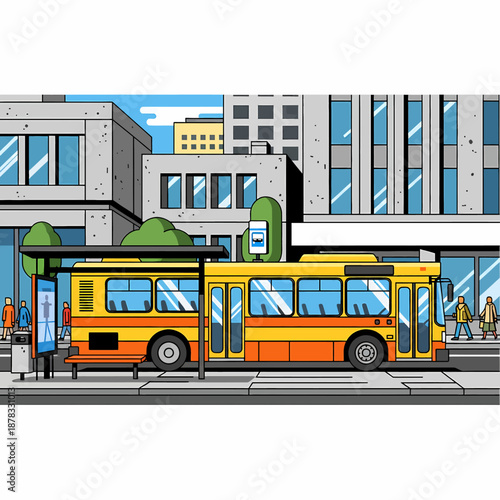 City bus at a stop in front of a modern building