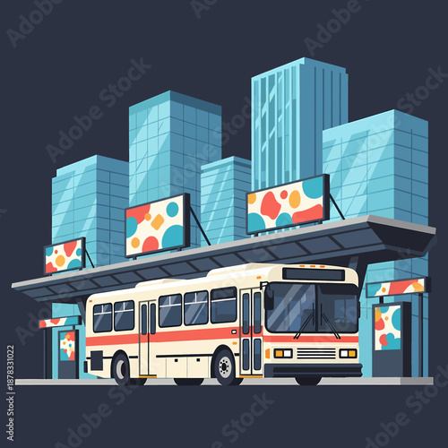 City Bus Refueling at Modern Gas Station with Digital Billboards
