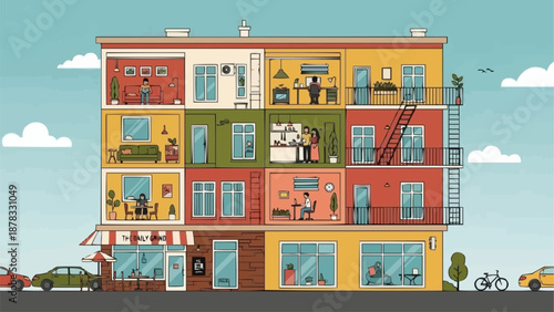 Cross section of a colorful apartment building showing different units and activities.