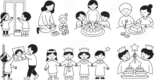 Various scenes depicting children and adults engaged in family activities holiday celebrations and play