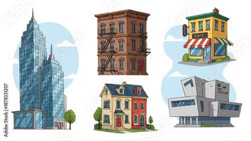 Collection of Diverse Architectural Buildings and Structures.