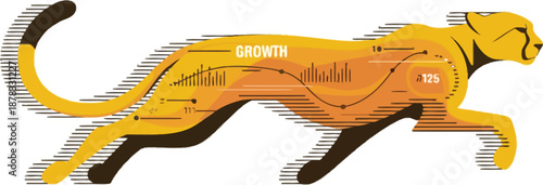 A vibrant yellow cheetah in motion isolated on white background with orange and brown gradient.