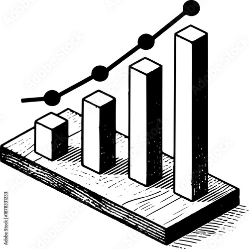 Progress Bar Graph: A graphical representation of data, with rising bars and a connected line showcasing growth, progress and development.
