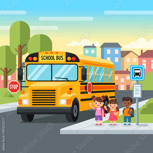 Children waiting at school bus stop on sidewalk near houses