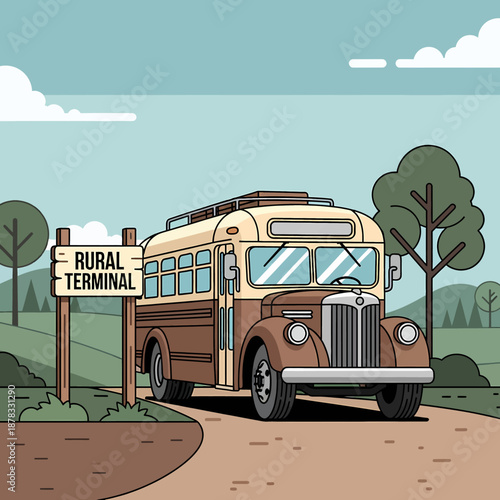 Vintage bus arriving at rural terminal on a scenic dirt road surrounded by trees and green landscape