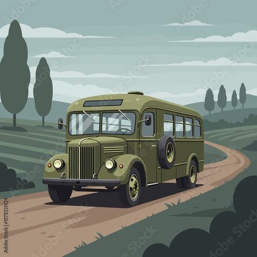 Vintage bus driving down a winding dirt road through a serene countryside landscape