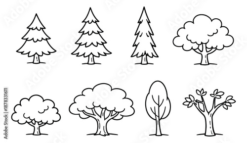 Hand drawn line art tree set featuring various deciduous and coniferous trees for nature themed designs