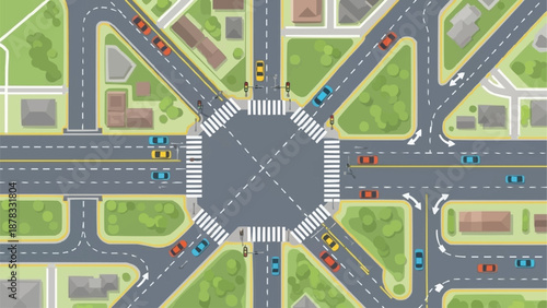 Busy City Intersection with Cars and Buildings.