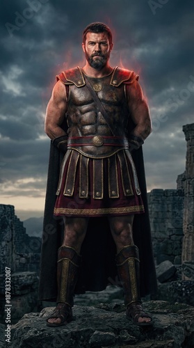 Realistic Warrior in Ancient Armor at Dusk