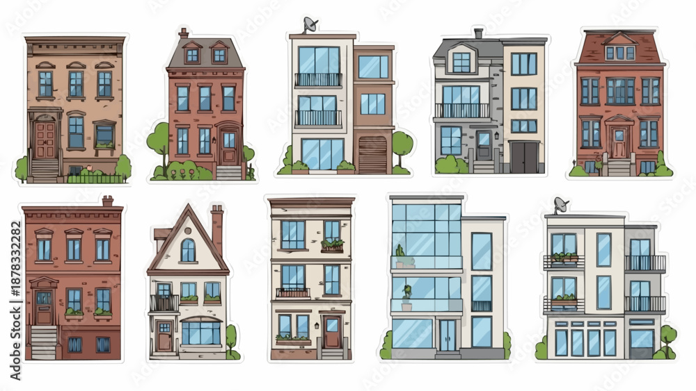 Fototapeta premium Collection of Diverse Residential Townhouse Buildings.