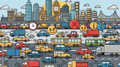 Busy City Street with Traffic Jam and Buildings.