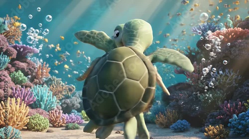 Cartoon Turtles in Love Underwater - Two cartoon turtles, one green and one pink, are facing each other underwater, creating a romantic scene with a heart shape in between them.