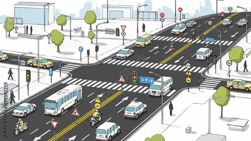 Busy City Intersection With Traffic Flow and Pedestrians.