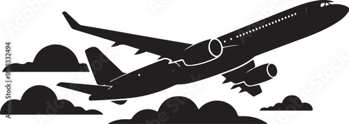 Black airplane flying through clouds silhouette