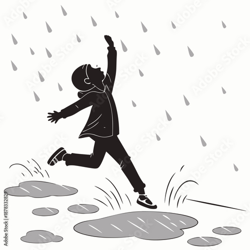 Joyful child jumping in puddles on a rainy day with abandon