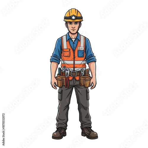 Construction Worker Standing with Toolbox and Safety Vest