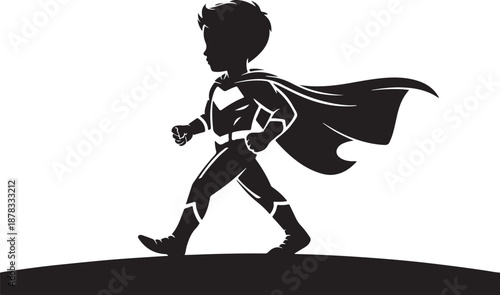 Black silhouette of a child with a superhero cape walking