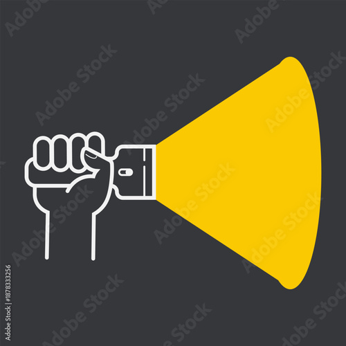 Isolated outline illustration of a hand holding flashlight with bright yellow beam, against dark night background, symbolizing tool and darkness.