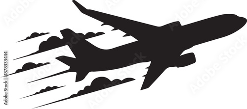 Black silhouette of a jet airplane flying with speed lines