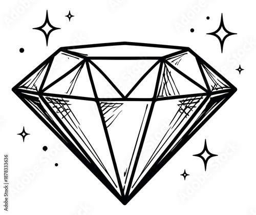 Hand drawn line art illustration of a diamond depicting brilliance for luxury design