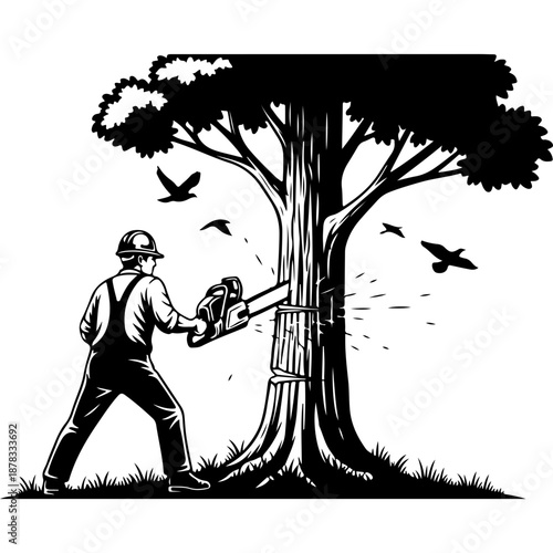 Man Cutting Tree with Birds