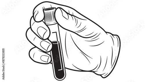 Gloved hand holding blood sample test tube icon representing clinical diagnostics laboratory analysis and medical testing workflow vector illustration