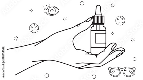 Hand holding medical dropper bottle icon representing pharmaceutical care medication distribution and healthcare product management vector illustration