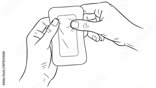 Hand applying adhesive bandage patch icon for wound care first aid and medical supply usage vector illustration