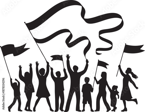Group of Silhouettes Holding Flags and Marching people