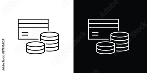 Set of graphic icons representing financial transactions with coins and credit cards on a white and black background