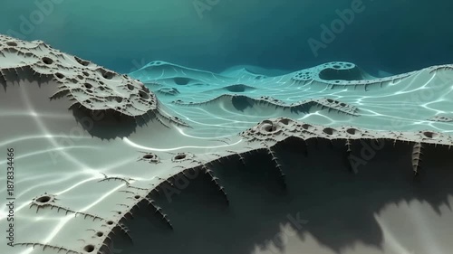 Surreal lunar shoreline with crater pools and turquoise water.