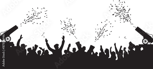 Silhouette crowd with fireworks and cannons people