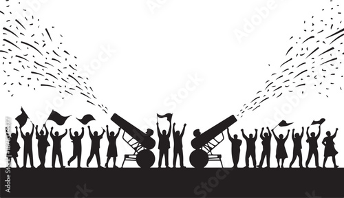 Silhouette crowd with flags and fireworks celebration