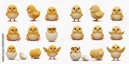 Cute little yellow chicks in various poses, some hatching from eggs, isolated on a transparent background.