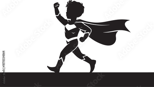 Silhouette of a child in a superhero costume with a cape running