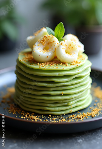 tiered matcha crepe cake macro, gourmet dessert with white strawberries and gold leaf, matte black dish, 8k resolution