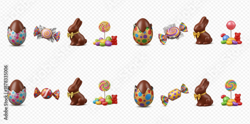 Set of chocolate Easter eggs, bunnies, wrapped candies, lollipops, and gummy bears.