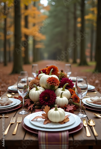 thanksgiving dinner table set in a forest clearing, autumn foliage, white pumpkins and burgundy flowers, centerpiece