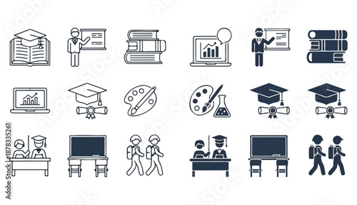 School icon set. Containing education, learning, teacher, book, E-learning, graduation, school subjects, classroom, students and mor