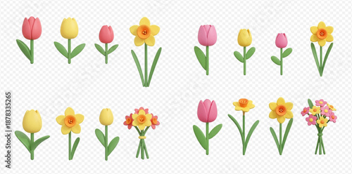 Set of 3D rendered cartoon spring flowers including tulips and daffodils, isolated on a transparent background, perfect for seasonal designs.
