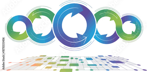 A colorful graphic design featuring interconnected circular arrows in blue, green, and purple hues on a light gray background with a pattern of small squares.