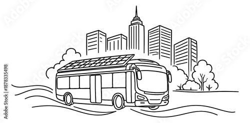 Hand drawn line art illustration of a modern solar bus depicting driving through a city for urban public transport