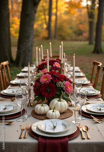 outdoor thanksgiving celebration in a forest, fall leaves, white pumpkins and burgundy dahlias, crystal dining set